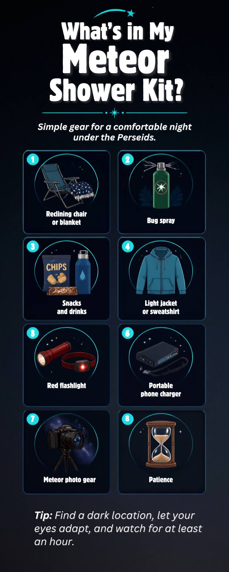 Infographic showing what to bring for a meteor shower observing session