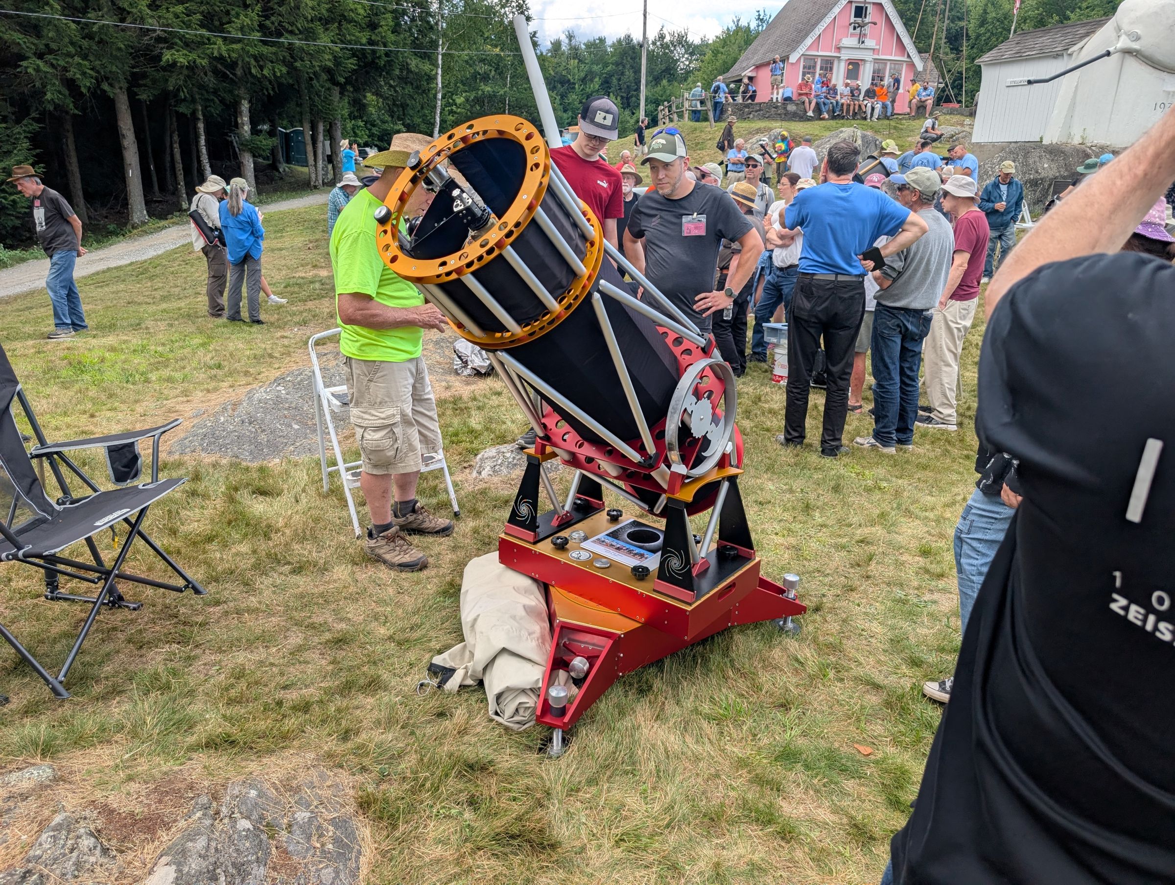 A large colorful home-built telescope on display at Stellafane 2026